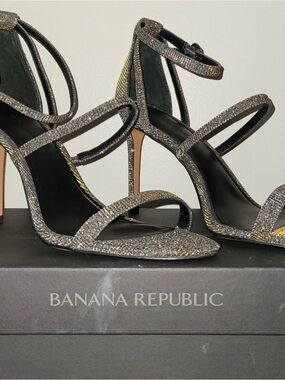 Banana Republic Black Glitter Strappy Stiletto Heels